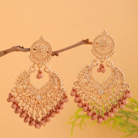 Bohemian style dusky pink and gold dangle earrings elegant opulent detailed - Picture 2 of 4